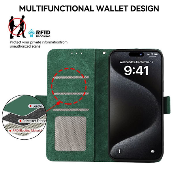 ABEEL iPhone 16 Plånboksfodral Konstläder RFID-Skydd Kortfickor Grön