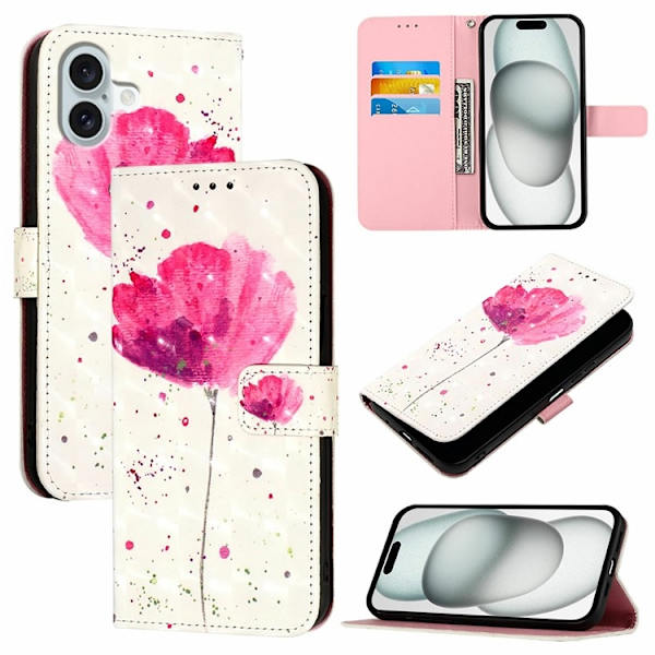 iPhone 16 Konstläder Plånboksfodral Printing Pattern Med Rem Rosa