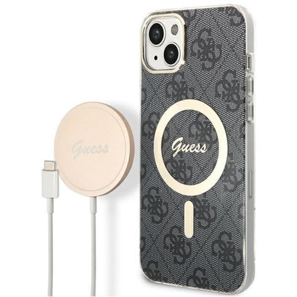 GUESS iPhone 14 Magsafe Skal 4G Print + Trådløs Oplader - Sort Black