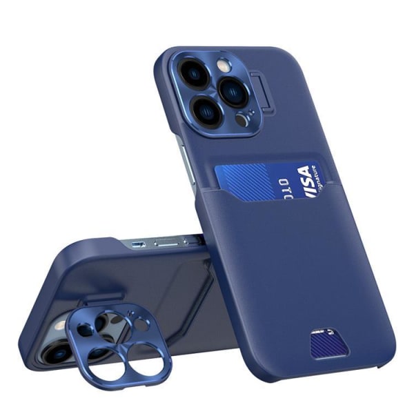 iPhone 14 Pro Skal Korthållare Läder Kickstand - Blå