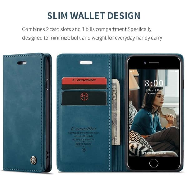 CASEME 013 Mobilskal KonstLäder med Plånboksfodral för iPhone 8/7/SE Blå