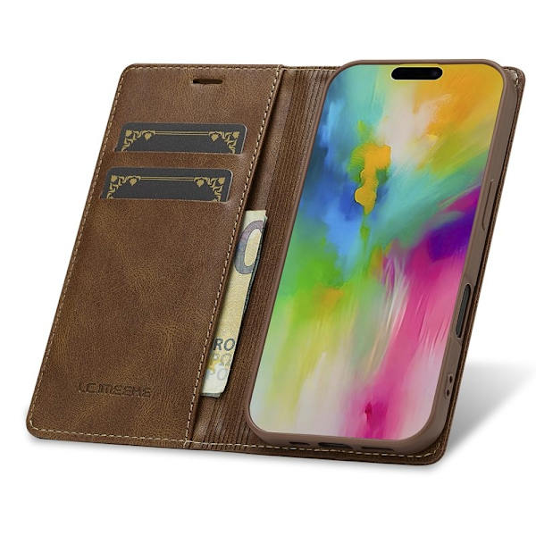 LC.IMEEKE iPhone 16 Plus Plånboksfodral Konstläder - Brun