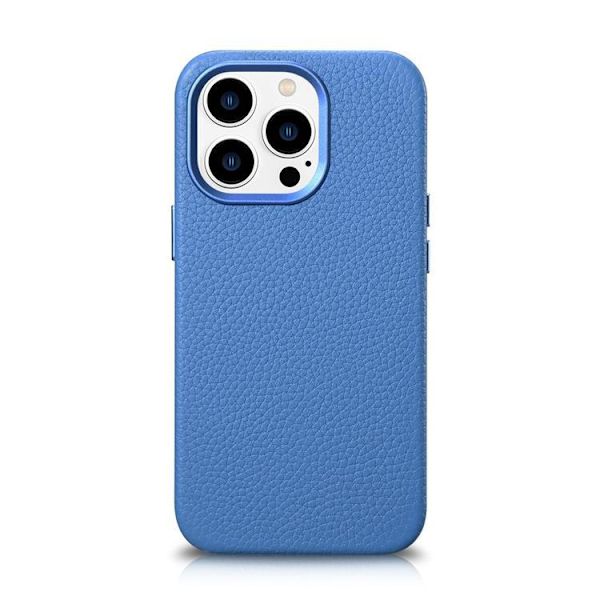 iCarer iPhone 14 Pro Skal Magsafe Äkta Läder Litchi Premium - Ljusblå
