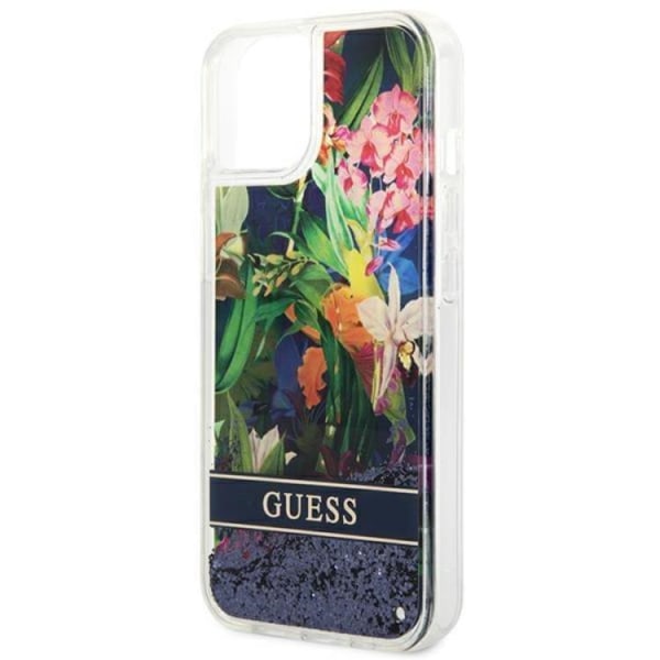 GUESS iPhone 14 Plus -kotelo Flower Liquid Glitter - Sininen