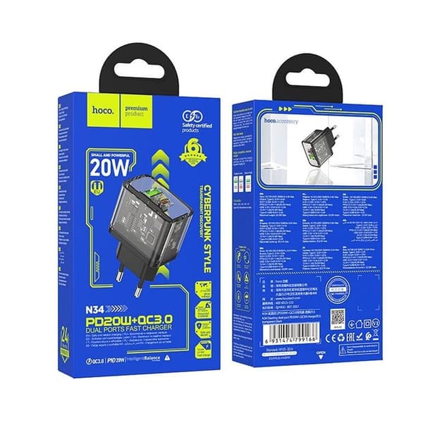 Hoco Snabbladdare PD 20W USB-A USB-C QC3.0 3A N34 - Svart