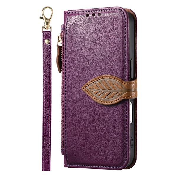 iPhone 17 Plånboksfodral Leaf Magnetiskt Spänne Konstläder - Lila Lila