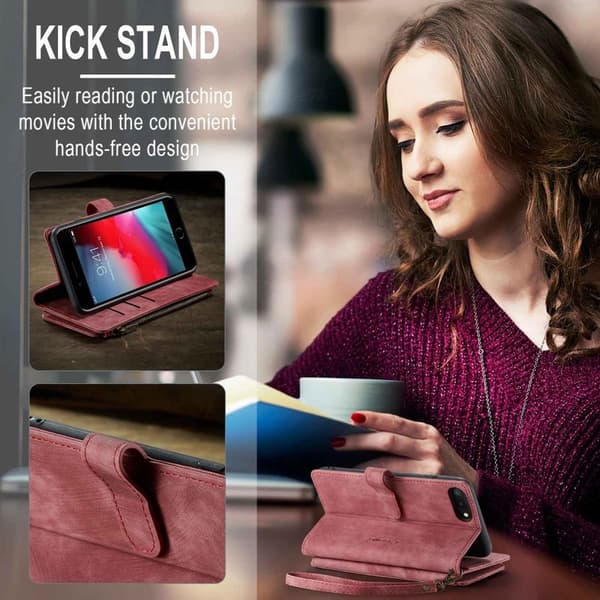 CASEME Konstläder Plånboksfodral för iPhone 6 Plus/6s Plus/7 Plus/8 Plus Röd