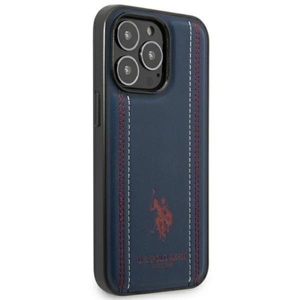 US Polo iPhone 14 Pro -kotelo nahkaompeleella - tummansininen Blå