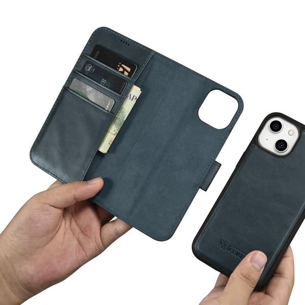 iCarer iPhone 14 Plånboksfodral 2in1 Äkta Läder Anti-RFID - Blå Blå