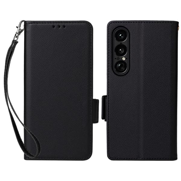 Sony Xperia 1 VII Plånboksfodral Litchi Texture Med Rem Svart