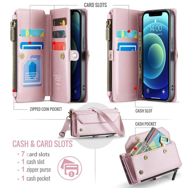 CASEME Plånboksfodral Konstläder till iPhone 12 mini - Rosa med kortfack