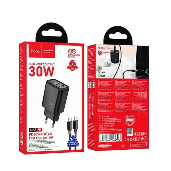 Hoco Hurtigoplader 30W 1xUSB-A 1xUSB-C med USB-C Kabel N63 - Sort Svart