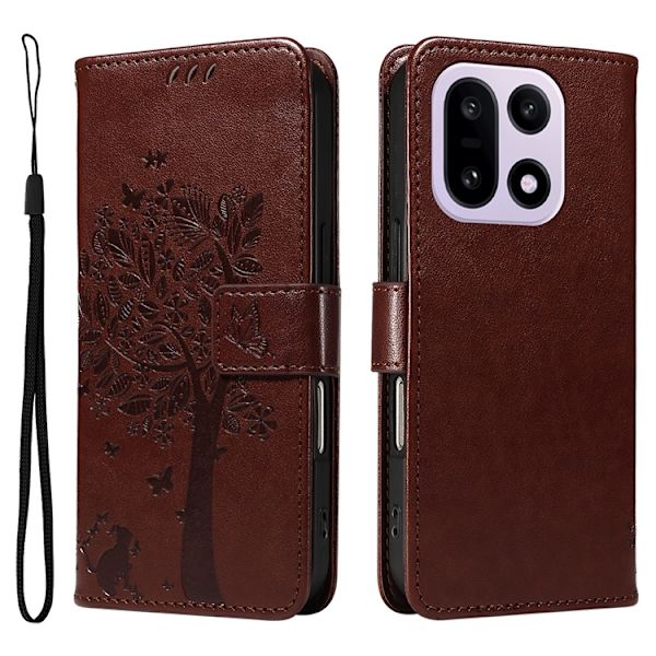 OnePlus 15 5G Plånboksfodral Cat Tree Pattern Konstläder Brun