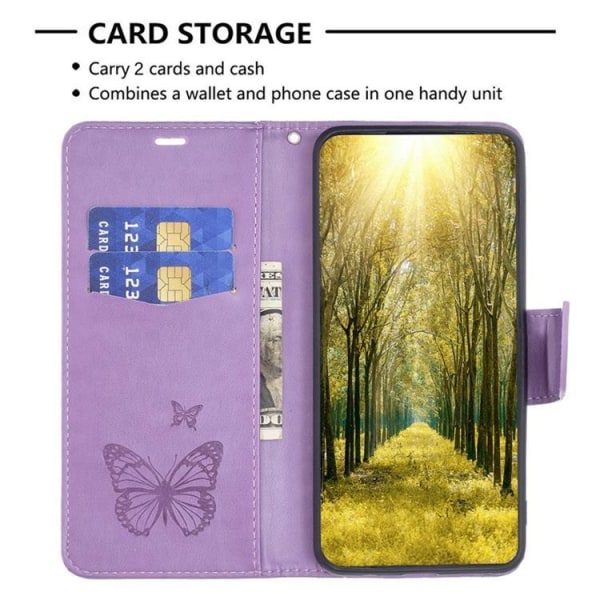 iPhone 14 Pro Max Wallet Cover Butterflies Imprinted - Lilla