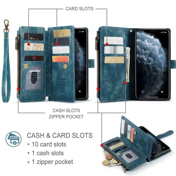 CASEME Konstläder Plånboksfodral för iPhone 11 Pro Max med rem - Blå