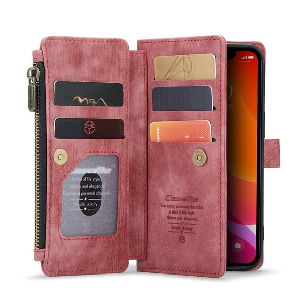 CASEME Konstläder Plånboksfodral för iPhone 12/12 Pro med Rem - Röd
