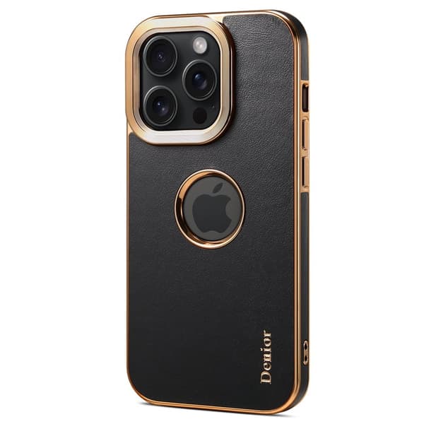 DENIOR Mobilskal till iPhone 14 Pro Max PC+TPU+Äkta Läder Svart