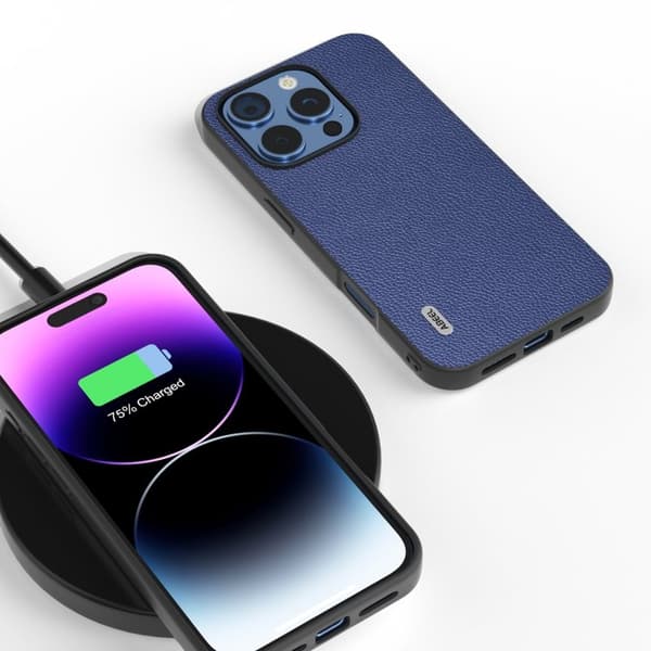 ABEEL Mobilskal till iPhone 16 Pro Max Litchi Textur Äkta Läder Blå