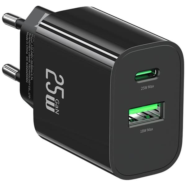 USAMS Snabbladdare 25W 1xUSB-C 1xUSB-A CC315 - Svart Svart