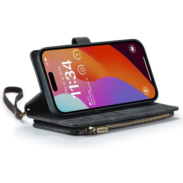 CASEME Konstläder Plånboksfodral för iPhone 16 Pro Max med rem - Svart