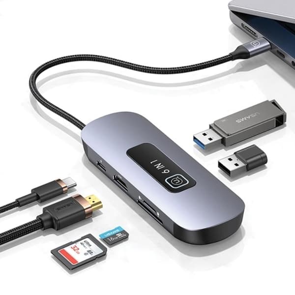 USAMS 6in1 Adapter Hubb 100W 2xUSB-A USB-C HDMI TF SD - Grå Svart