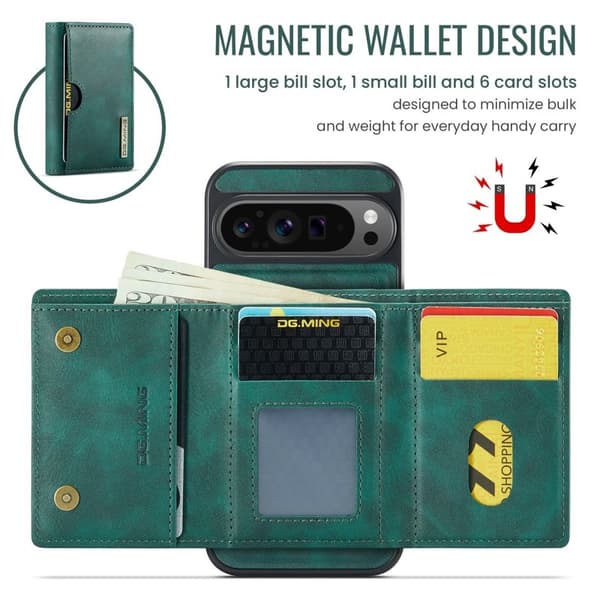 DG.MING M6 Series Konstläder Plånboksfodral för Google Pixel 9 Pro XL - Grön