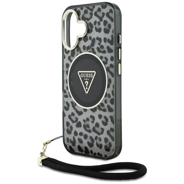 Guess telefontaske til iPhone 16 MagSafe IML Leopard trekantsrem - sort Black