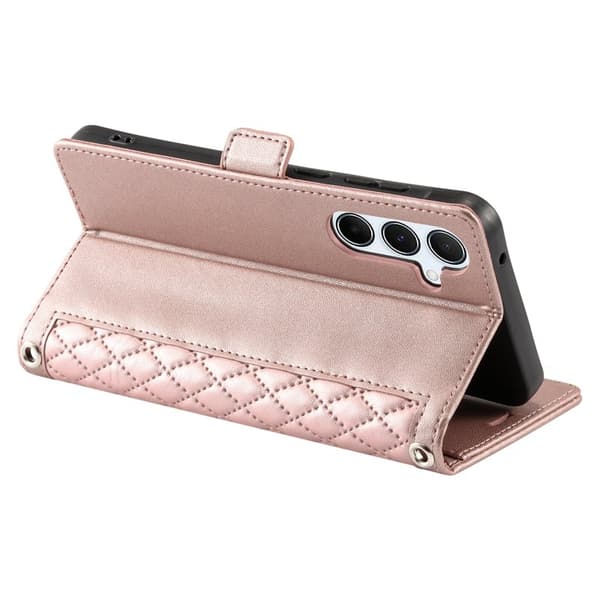 Samsung Galaxy S26 Plus Plånboksfodral Konstläder Rhombus Textur - Roséguld