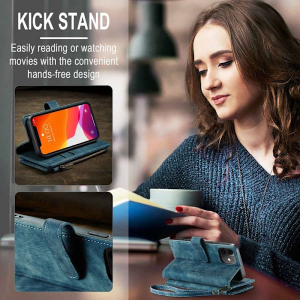 CASEME Konstläder Plånboksfodral för iPhone 12 mini med rem - Blå