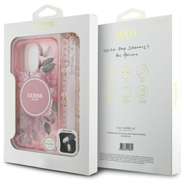Guess telefontaske til iPhone 16 Pro MagSafe IML blomster med perlerem - lyserød Rosa