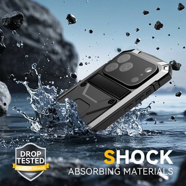 R-JUST Mobilskal till iPhone 17 Pro PC + Silikon + Metall Ställ - Silver