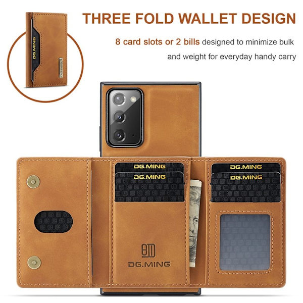 DG.MING M2 Tri-fold Konstläder Plånboksfodral för Samsung Galaxy Note20 - Brun