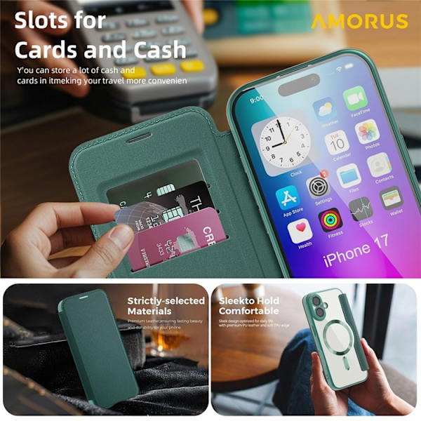 AMORUS iPhone 17 Plånboksfodral MagSafe RFID-Skydd - Grön Grön