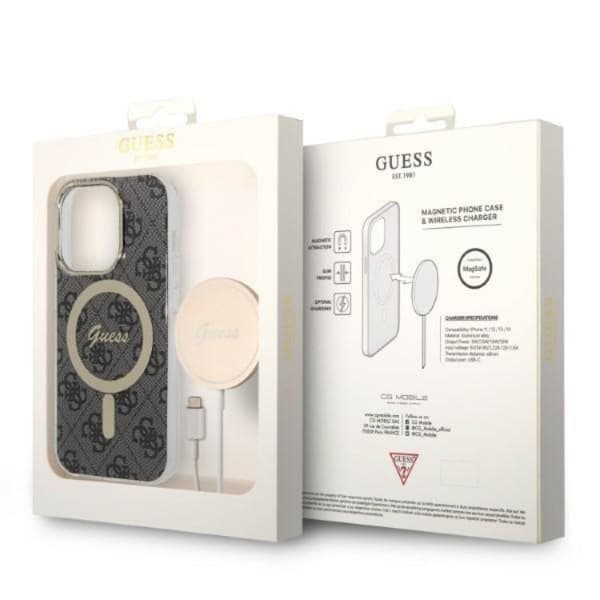 GUESS iPhone 14 Pro Max Magsafe Skal 4G Print + Trådløs Oplader Black