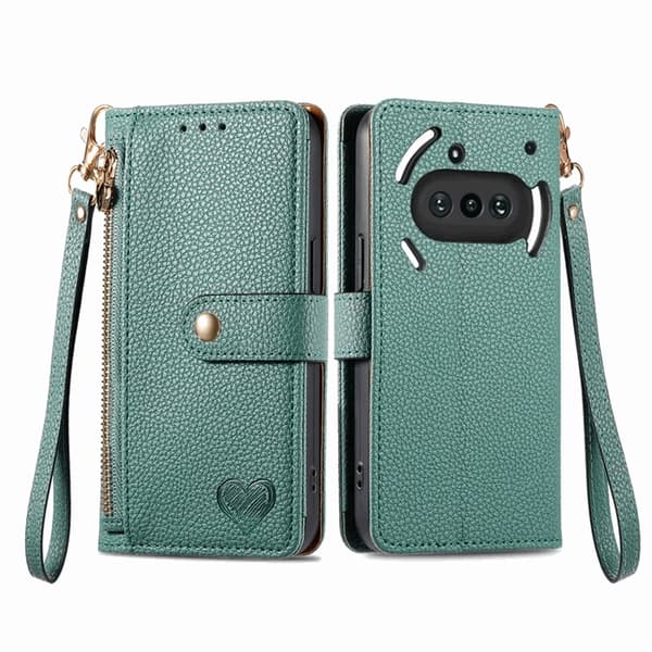 Nothing Phone (3a) Konstläder Plånboksfodral RFID-Skydd Zipper med Rem - Grön