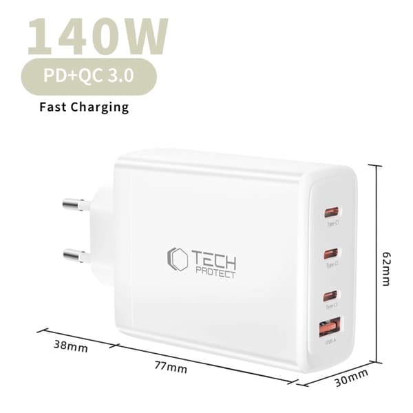 Tech-Protect 4-ports hurtigoplader 140W QC3.0 NC140W-GAN Vit