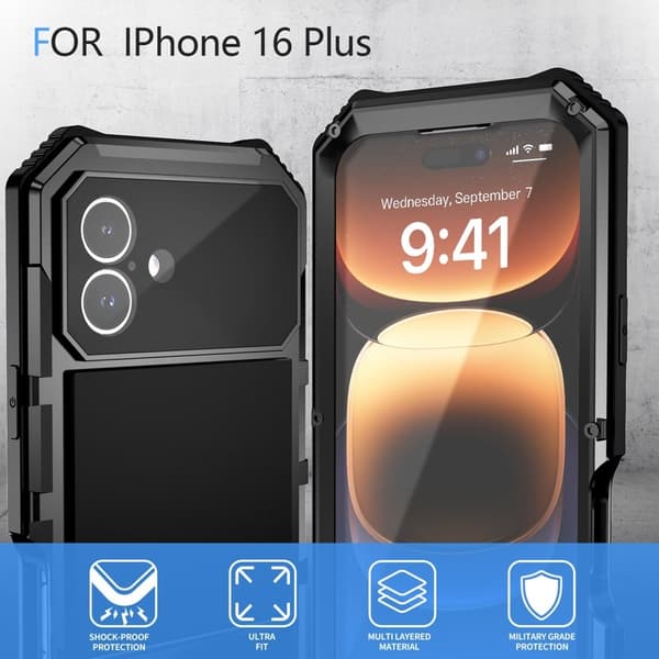 R-JUST Mobilskal till iPhone 16 Plus PC+Silicone+Metal Ställ - Svart