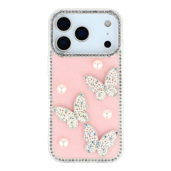 Mobilskal till iPhone 17 Pro Rhinestone Edge Pearl Butterfly Rosa