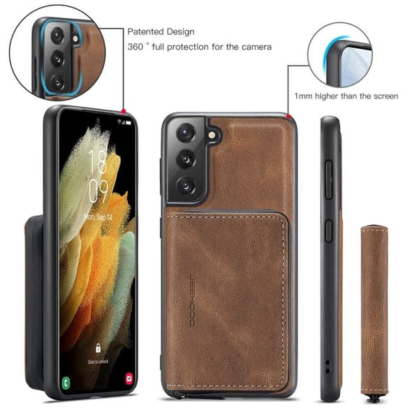 JEEHOOD 2-in-1 Magnetisk Konstläder Plånboksfodral Samsung Galaxy S22+ Brun