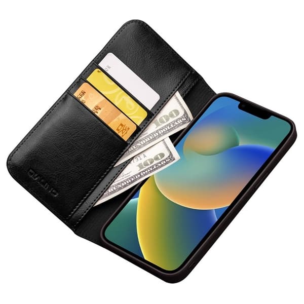 QIALINO iPhone 14 Plus Plånboksfodral Äkta Läder Drop Proof Svart