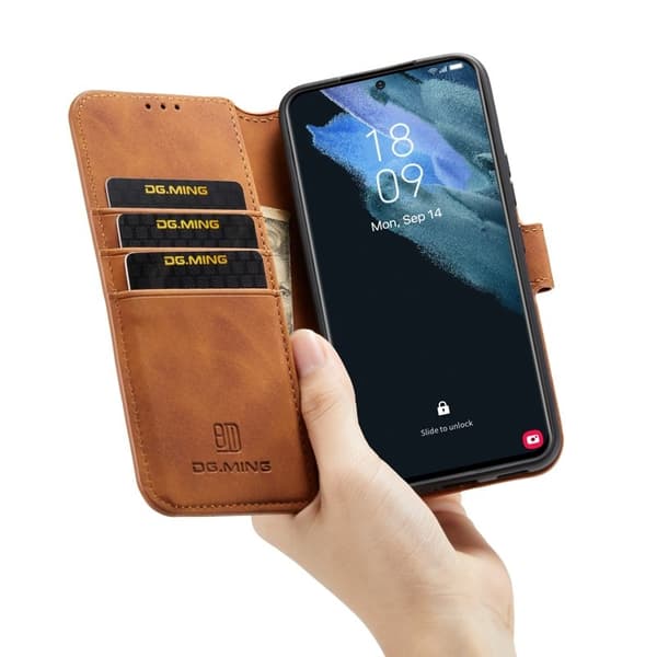 DG.MING Retro Style Konstläder Plånboksfodral för Samsung Galaxy S22 5G - Brun