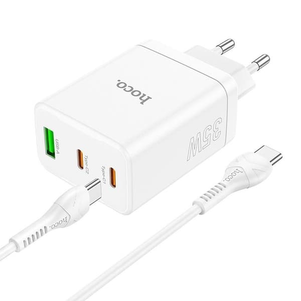 Hoco Vægoplader 35W 2xType C+ USB A med Type-C Kabel 1m - Hvid Vit