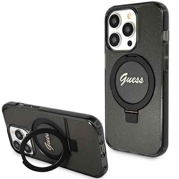 Guess iPhone 15 Pro Mobilskal Ringhållare Magsafe Glitter Script Svart