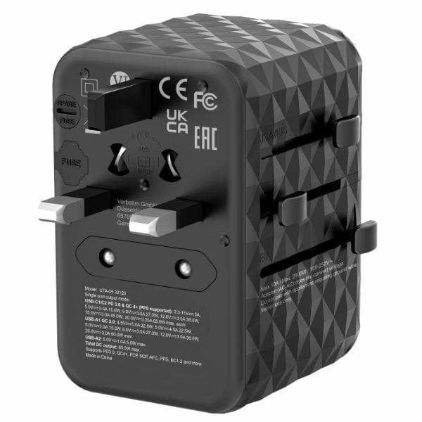 Verbatim Rejseoplader GaN 65W PD 2xUSB-C 2xUSB-A EU/UK/USA - Sort Svart