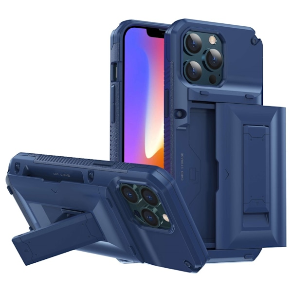 iPhone 13 Pro Skal Korthållare Built-in Kickstand - Blå