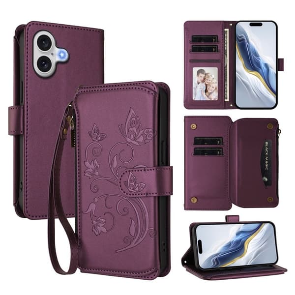 iPhone 17 Plånboksfodral Butterfly Floral Imprint - Lila Lila