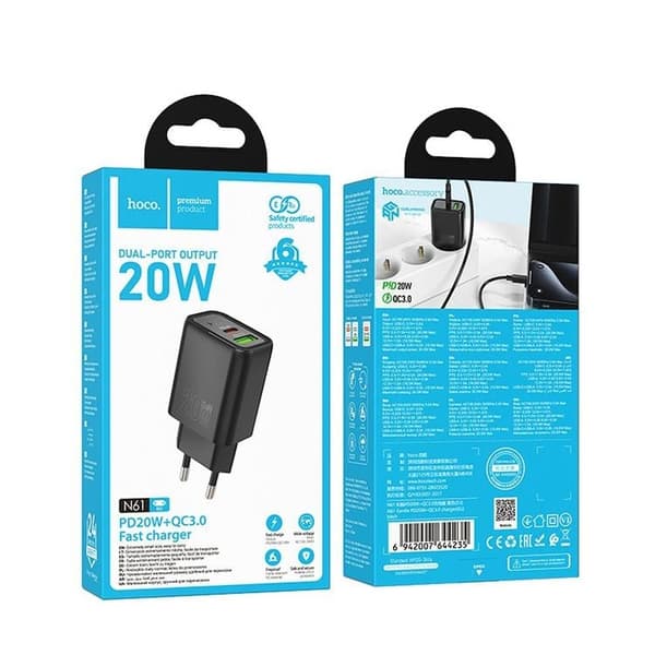 Hoco Snabbladdare 20W 1xUSB-A 1xUSB-C PD QC3.0 3A N61 - Svart Svart
