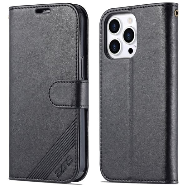 AZNS iPhone 16 Pro Stand Plånboksfodral Anti-Drop Konstläder - Svart