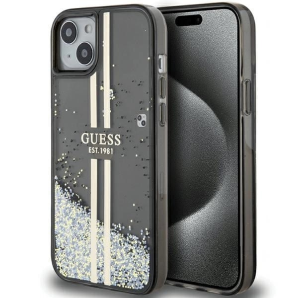 Guess iPhone 15 Plus mobilcover flydende glitter guldstriber