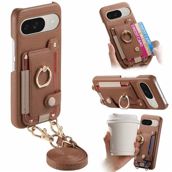 Mobilskal till Google Pixel 10/10 Pro med Korthållare Ring Kickstand - Brun Brun